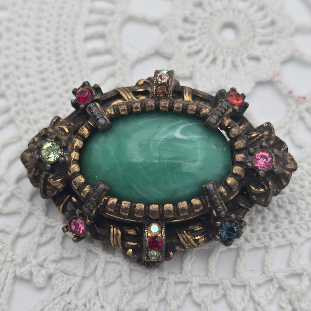 Vintage Victorian Revival Brooch Rhinestone Peking Glass Green Stone